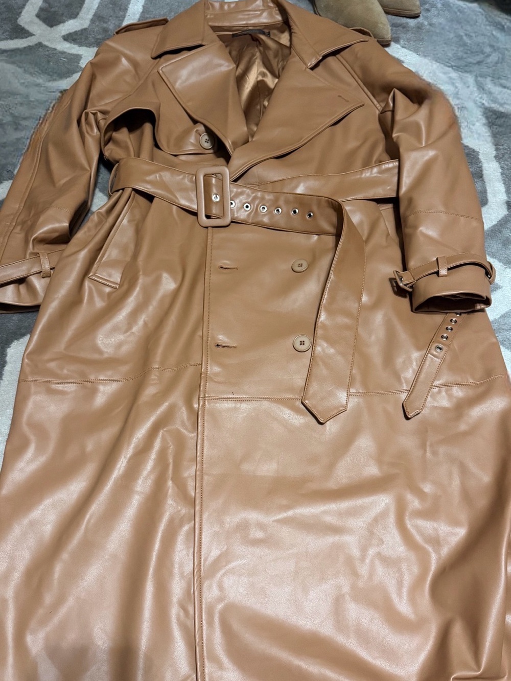 Men’s 46R floor length faux leather 62” Long trench coat